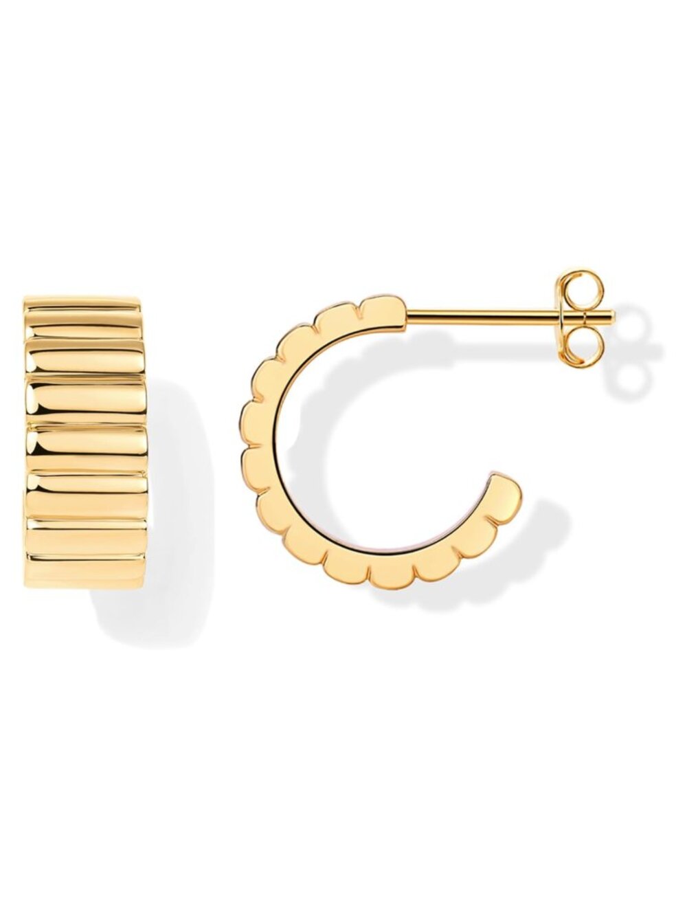 14K Gold Plated Ribbed Hoop Earrings Chunky Ridged 15mm Women